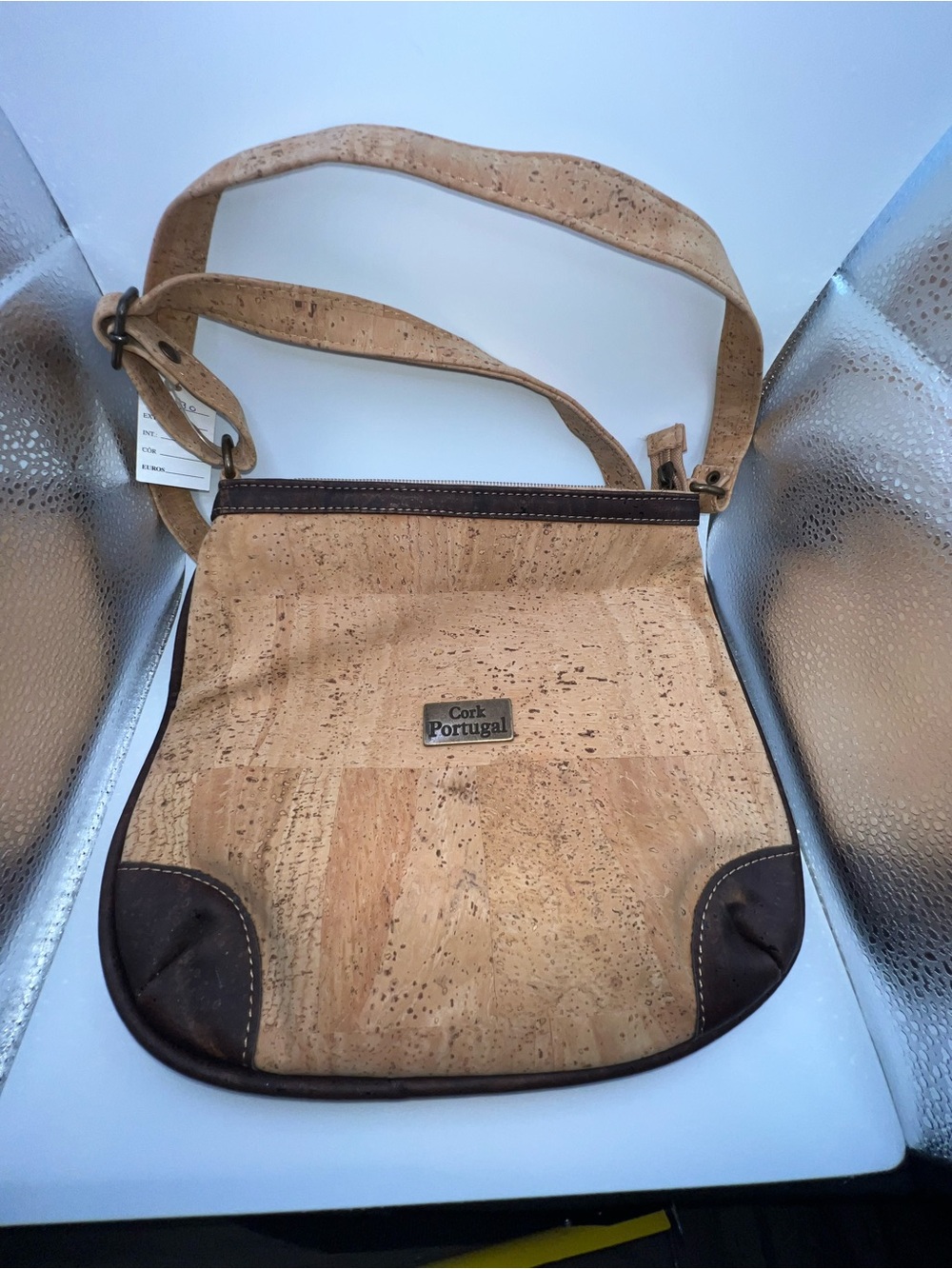 Natural Cork Shoulder Bag with Brown Trim